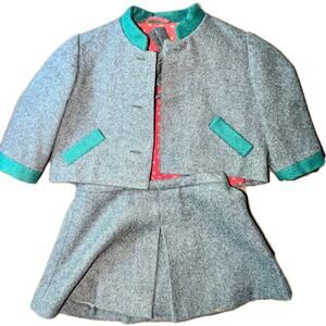 Vintage 1940s Toddlers Austrian Loden Wool Trachten Skirt Suit Gray Green